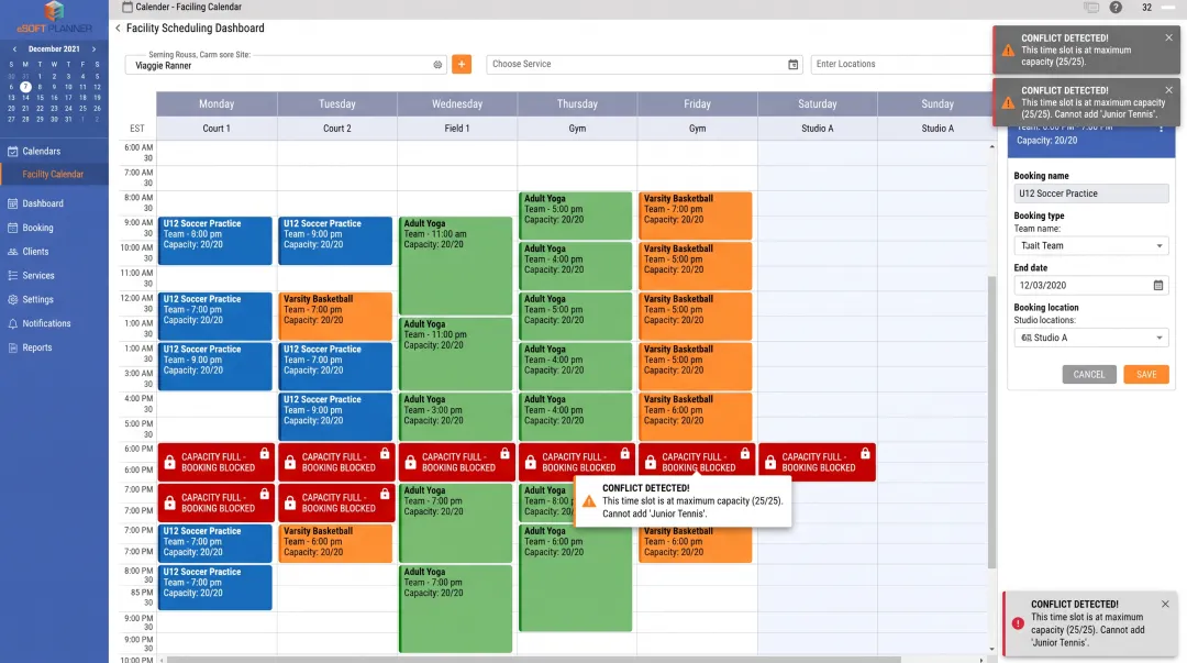 eSoft Planner scheduling dashboard preventing double booked practice slots