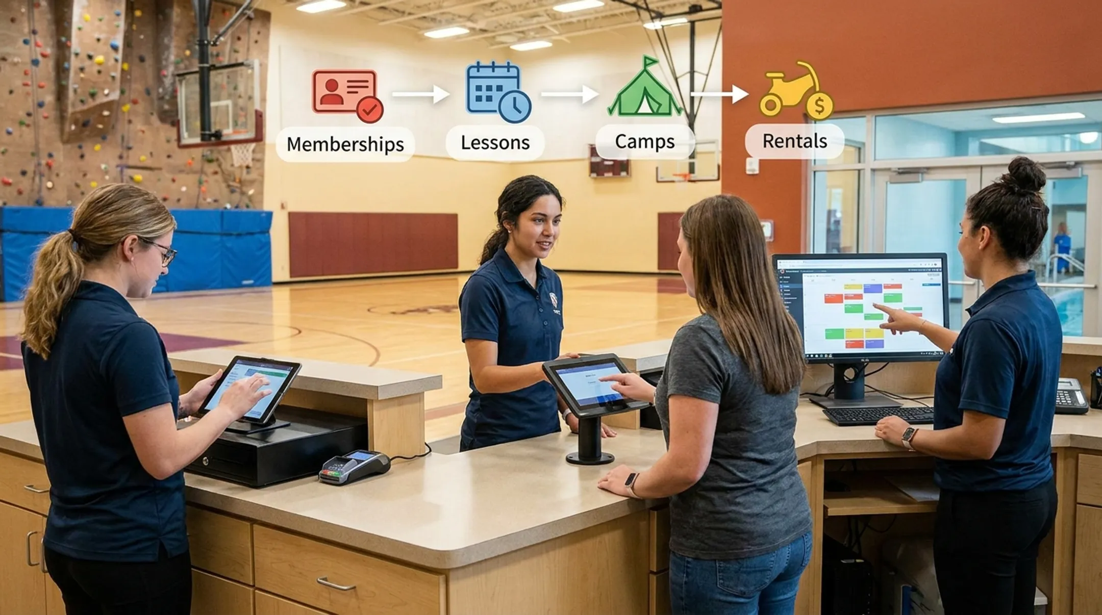 Sports facility staff coordinating memberships lessons camps rentals and payments