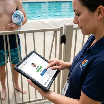 Pool staff managing digital member check-ins
