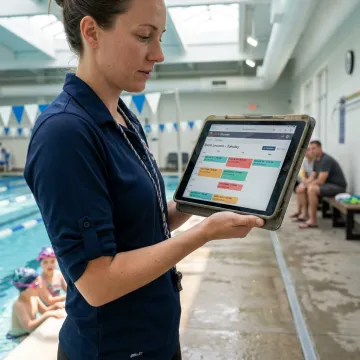 Swim instructor using scheduling software