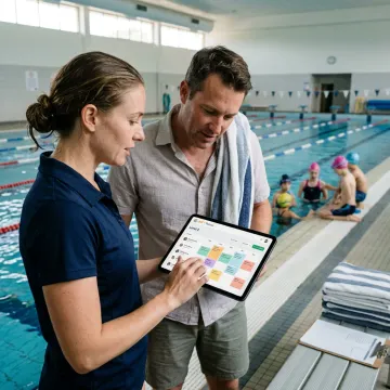 Swim instructor reviewing lesson schedule with parent