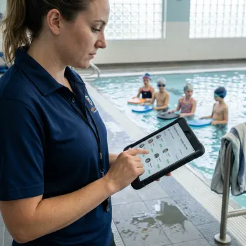 Swim instructor managing children’s lessons poolside