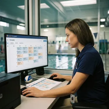 Swim school staff managing lesson registrations