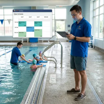Swim instructor managing class schedules on a tablet