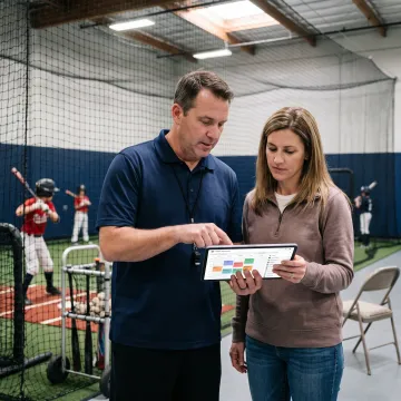 Coach and parent reviewing online baseball lesson schedule