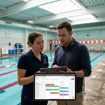 Swim instructor reviewing digital class schedule