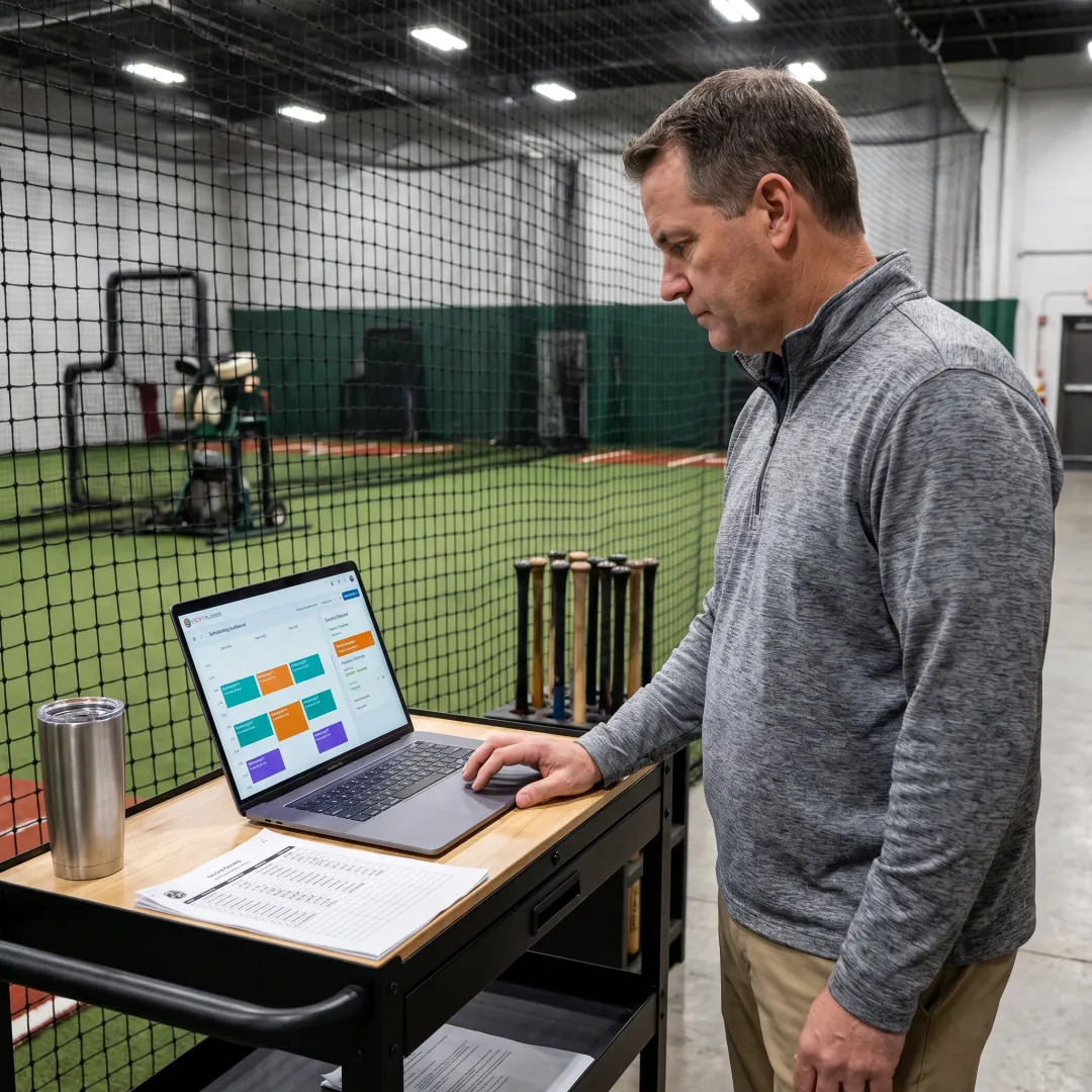 Facility manager reviewing baseball cage reservations