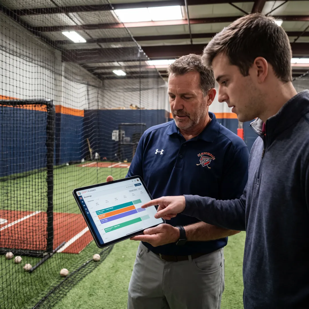 Coach and parent reviewing baseball lesson bookings