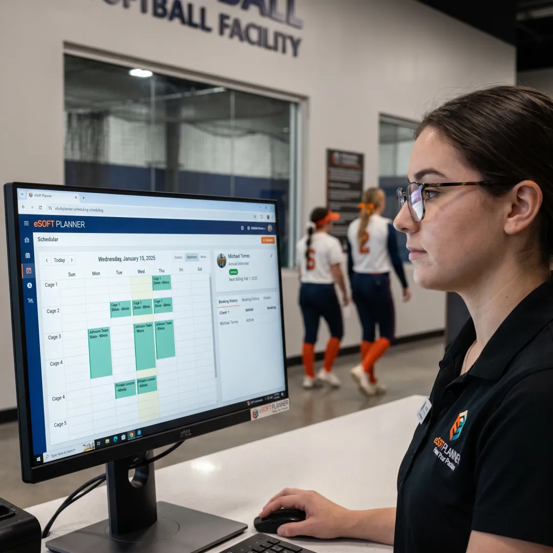 Staff using check-in software at softball facility