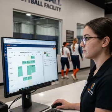 Staff using check-in software at softball facility