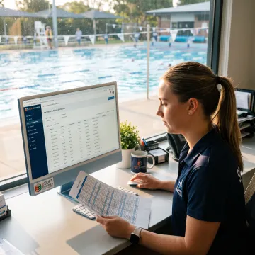 Staff member managing swim club billing software