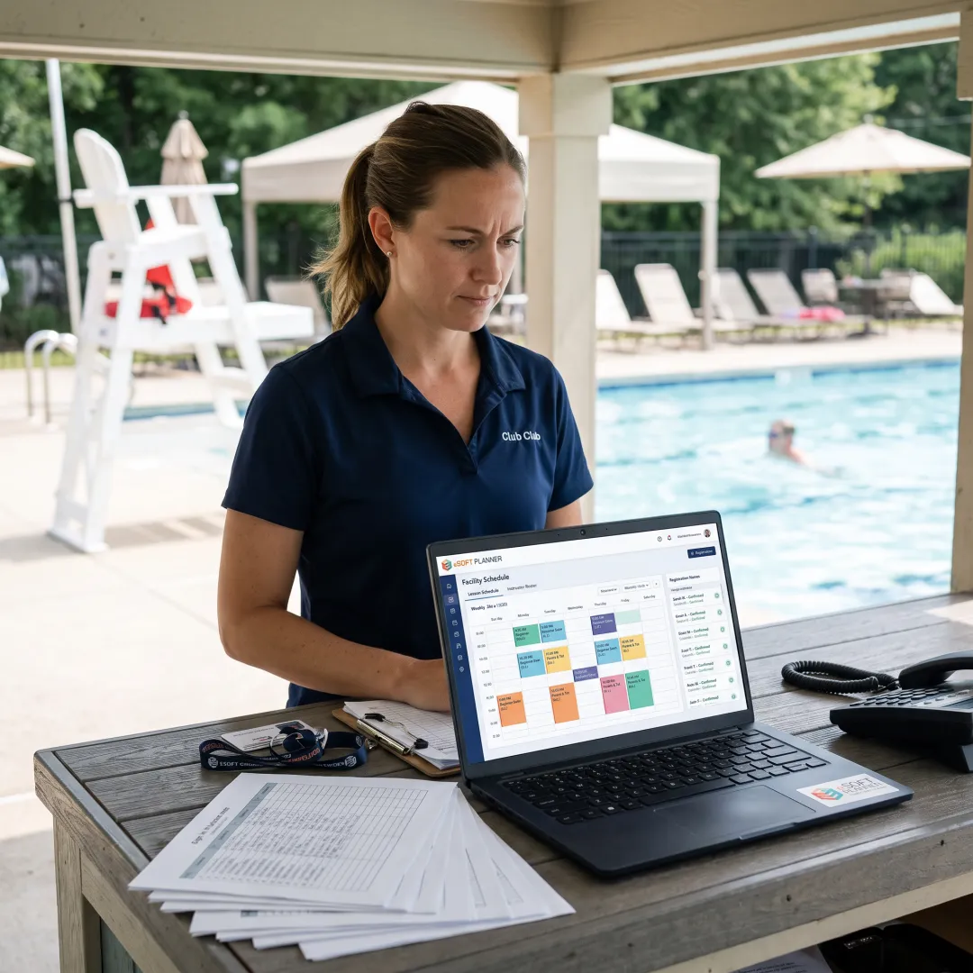 Swim club manager reviewing lesson schedules