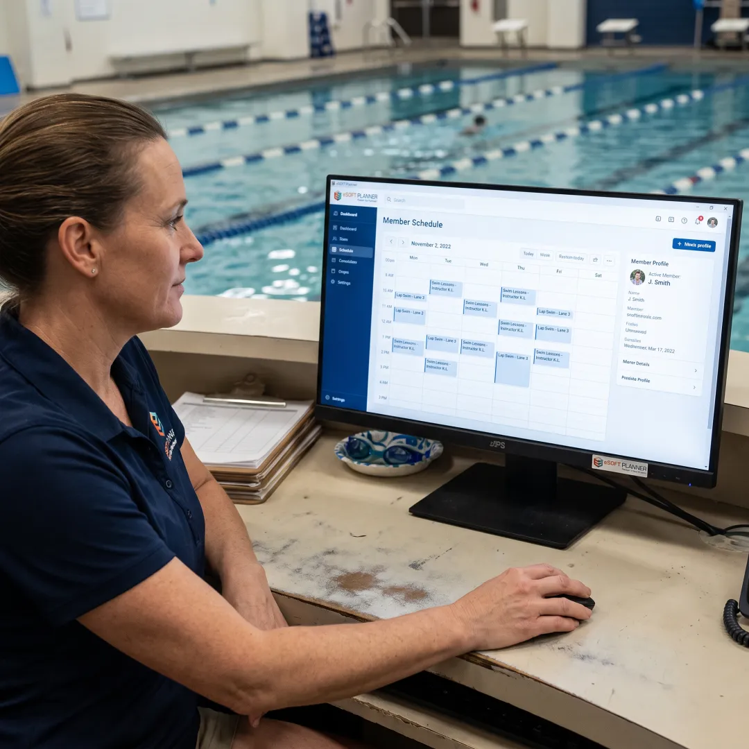 Staff reviewing swim club membership records