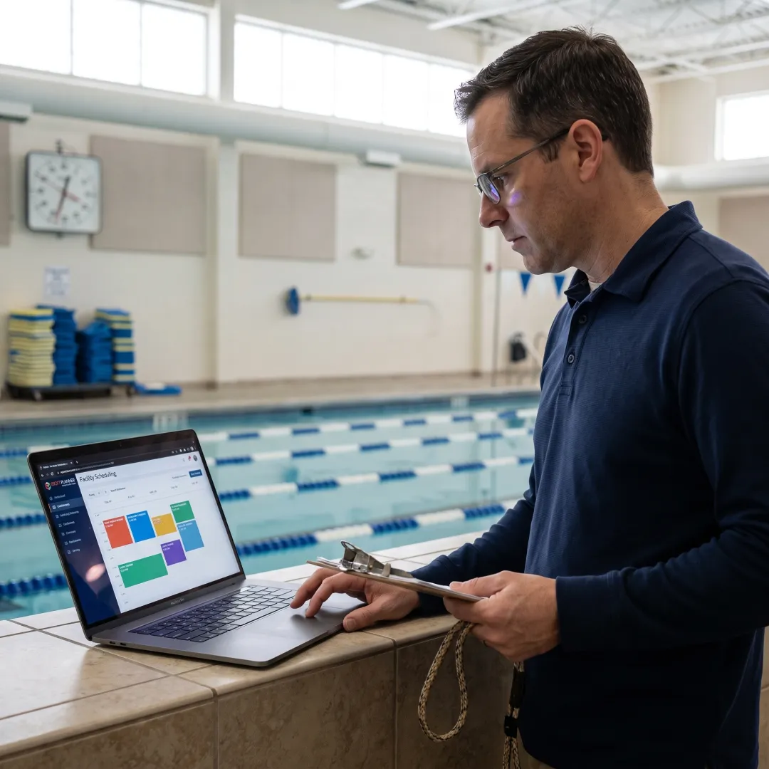 Swim club manager reviewing pool schedules