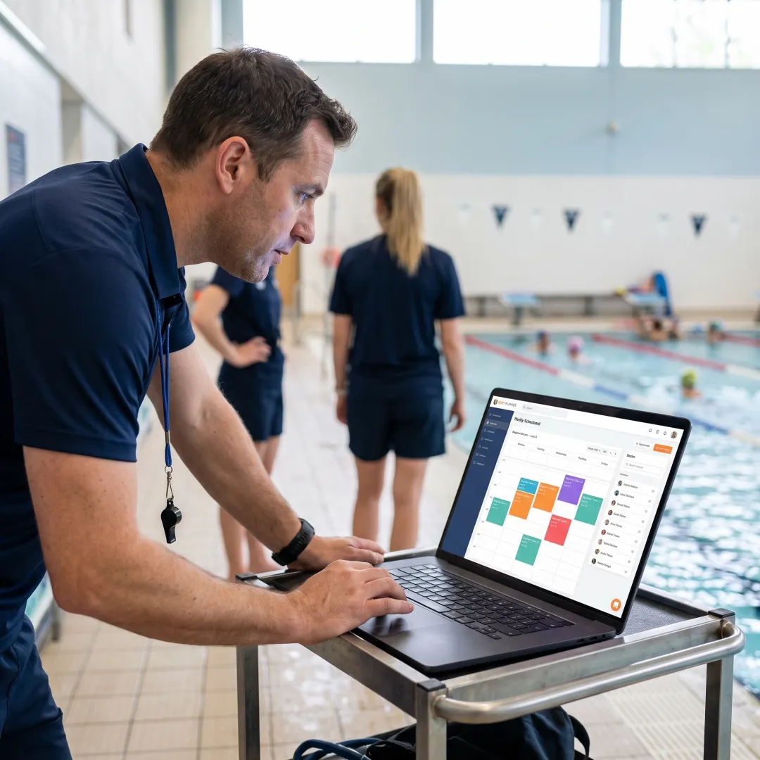 Swim coach using scheduling software at an aquatic facility