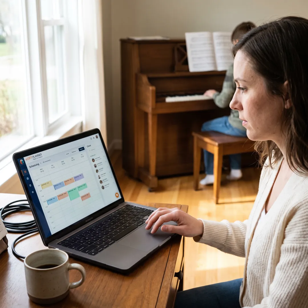 Music teacher reviewing lesson bookings on a laptop