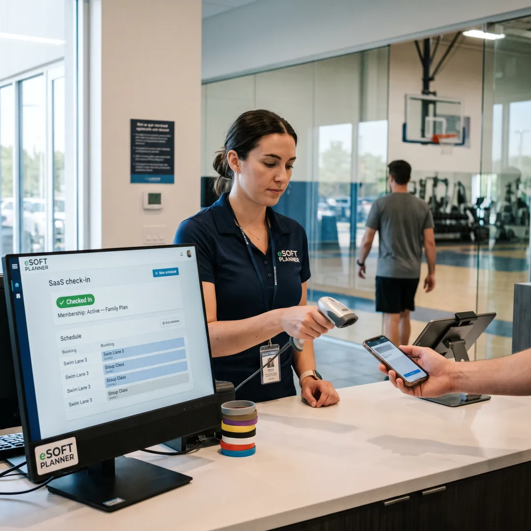 Staff member checking a digital membership card at a sports facility