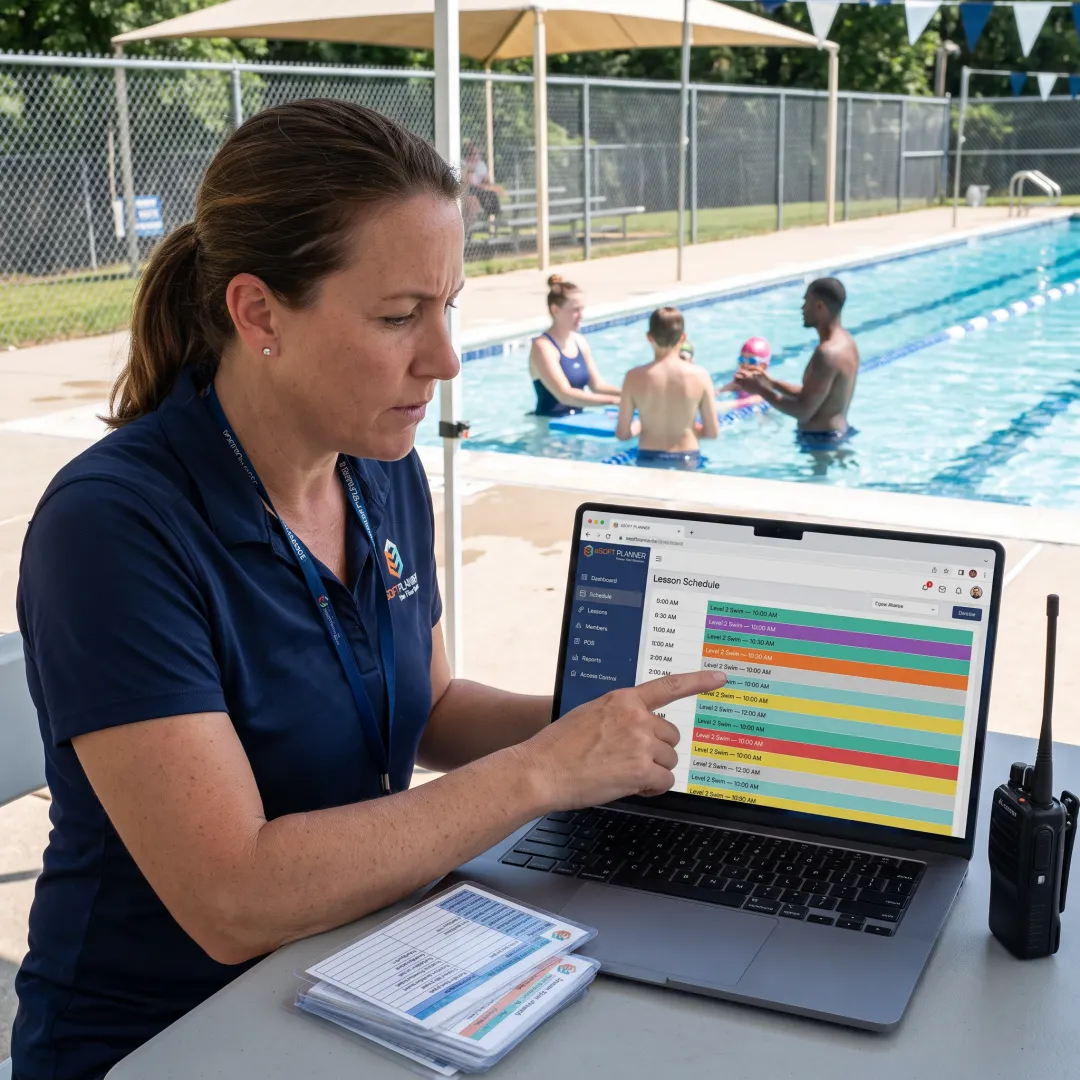 Swim club manager reviewing lesson schedules