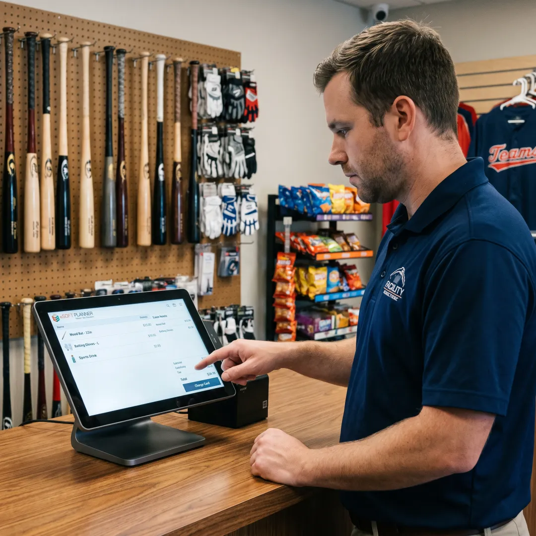 Baseball facility employee processing a pro shop sale