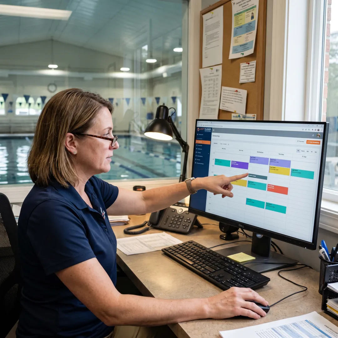 Swim club staff reviewing digital member records