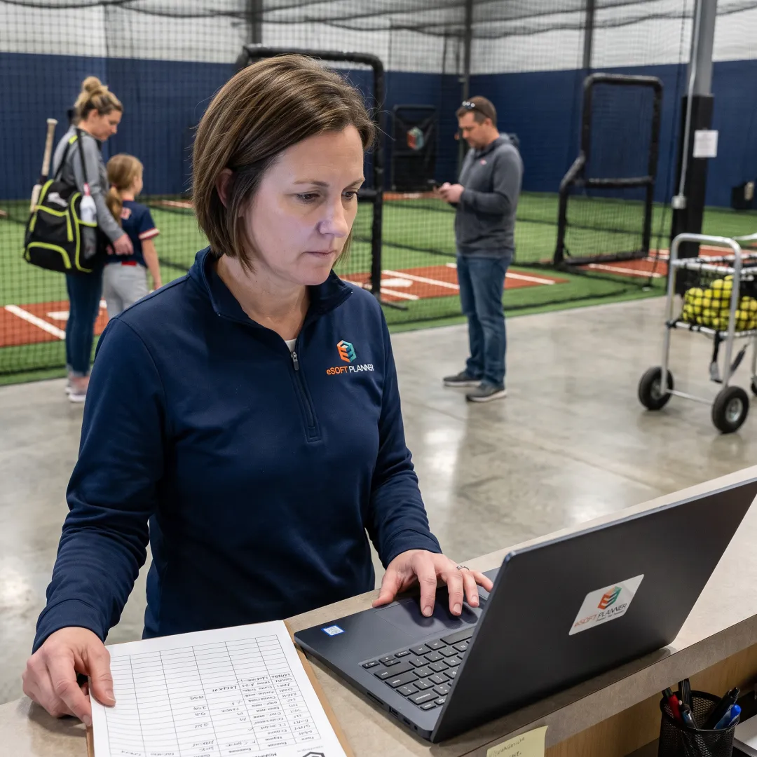 Facility manager reviewing athlete sign-offs