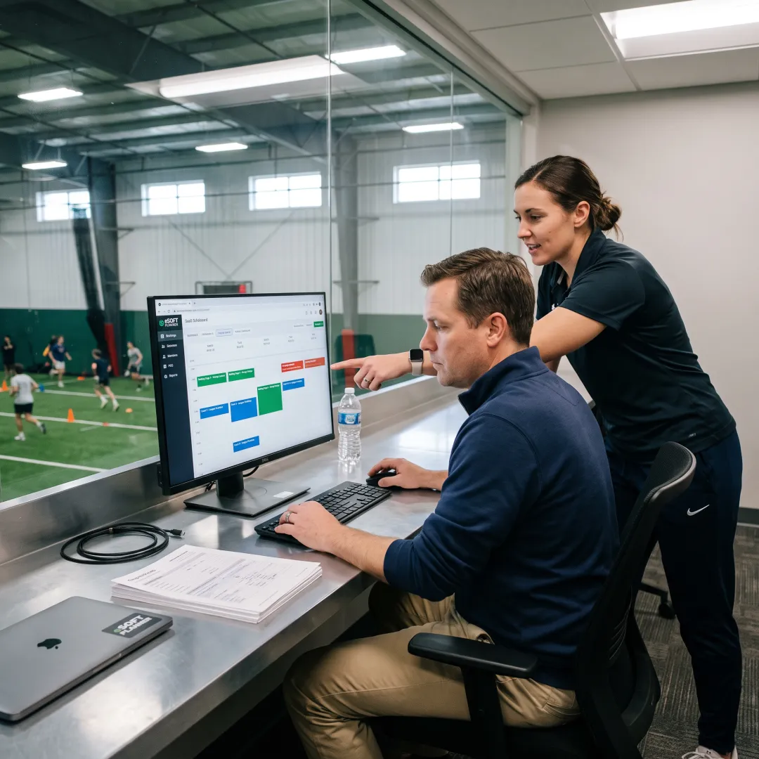 Coach and administrator coordinating facility bookings