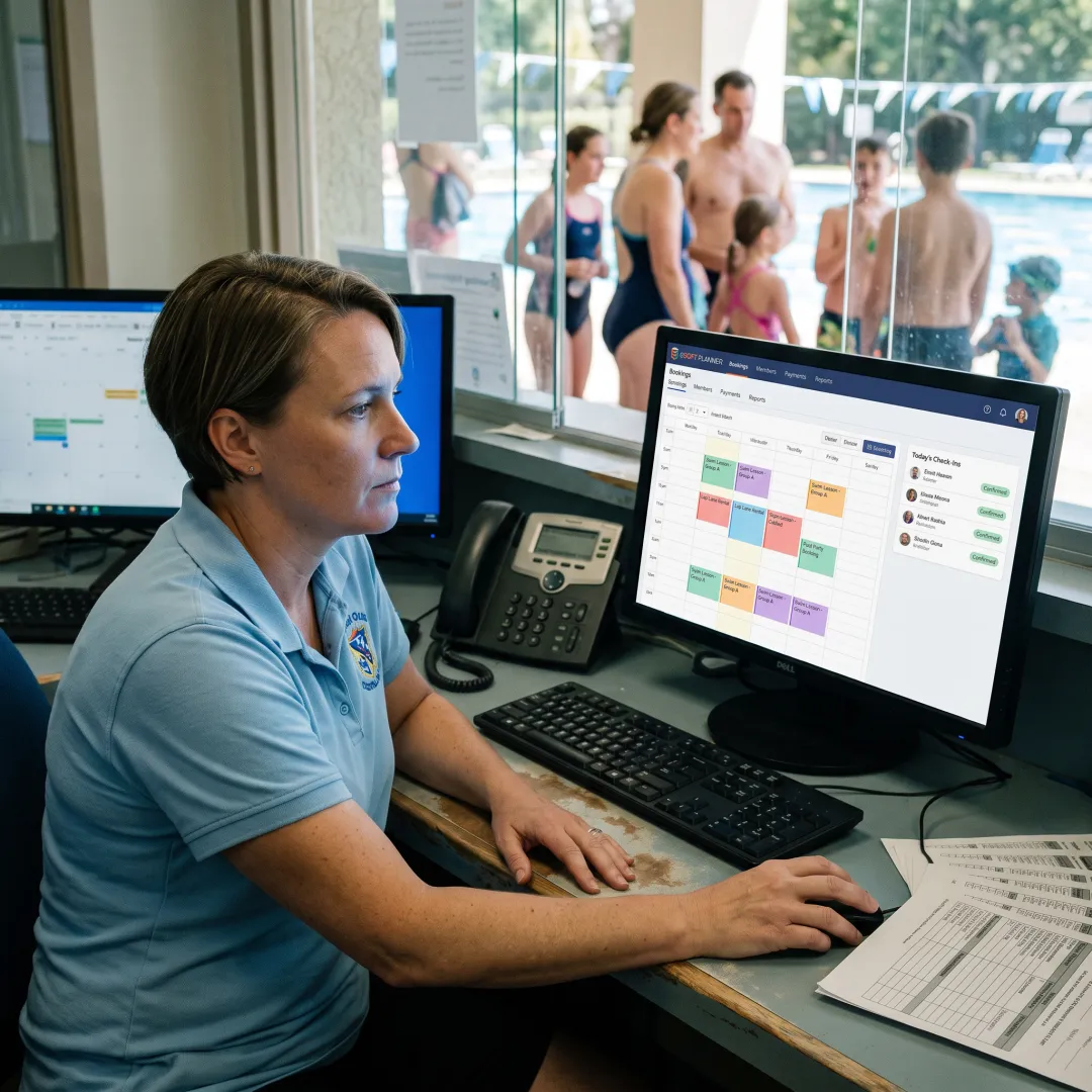 Swim club staff reviewing online bookings
