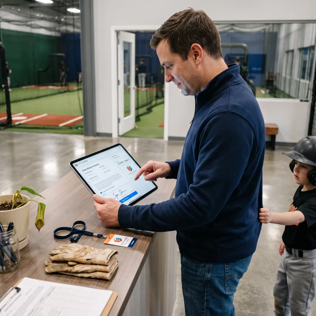 Parent completing a baseball facility digital waiver