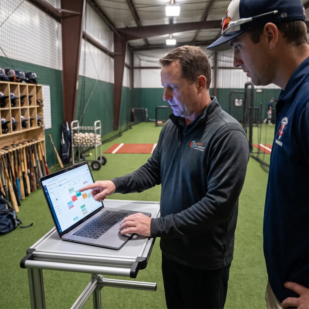 Coach and manager reviewing baseball facility bookings