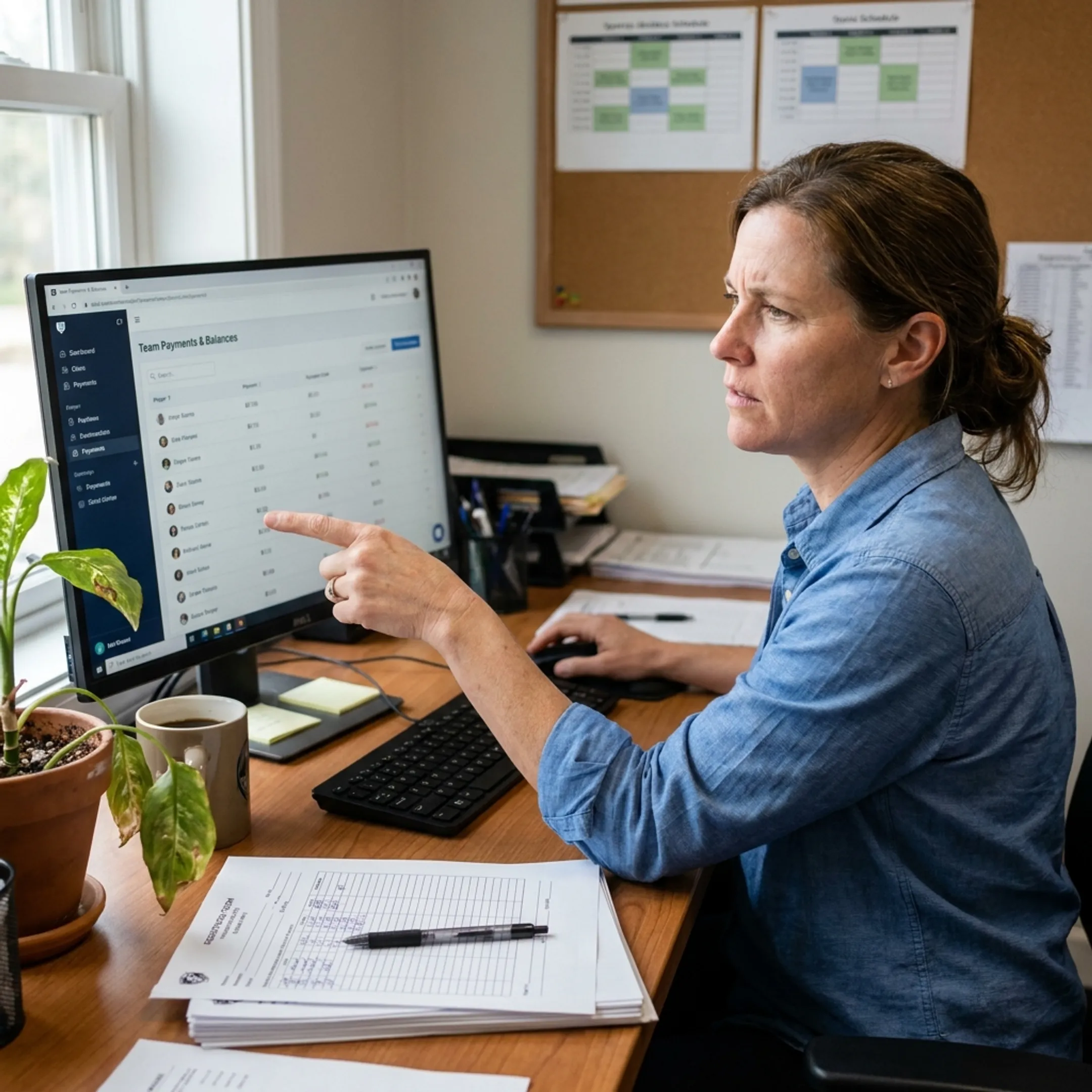 Sports administrator reviewing online team payments