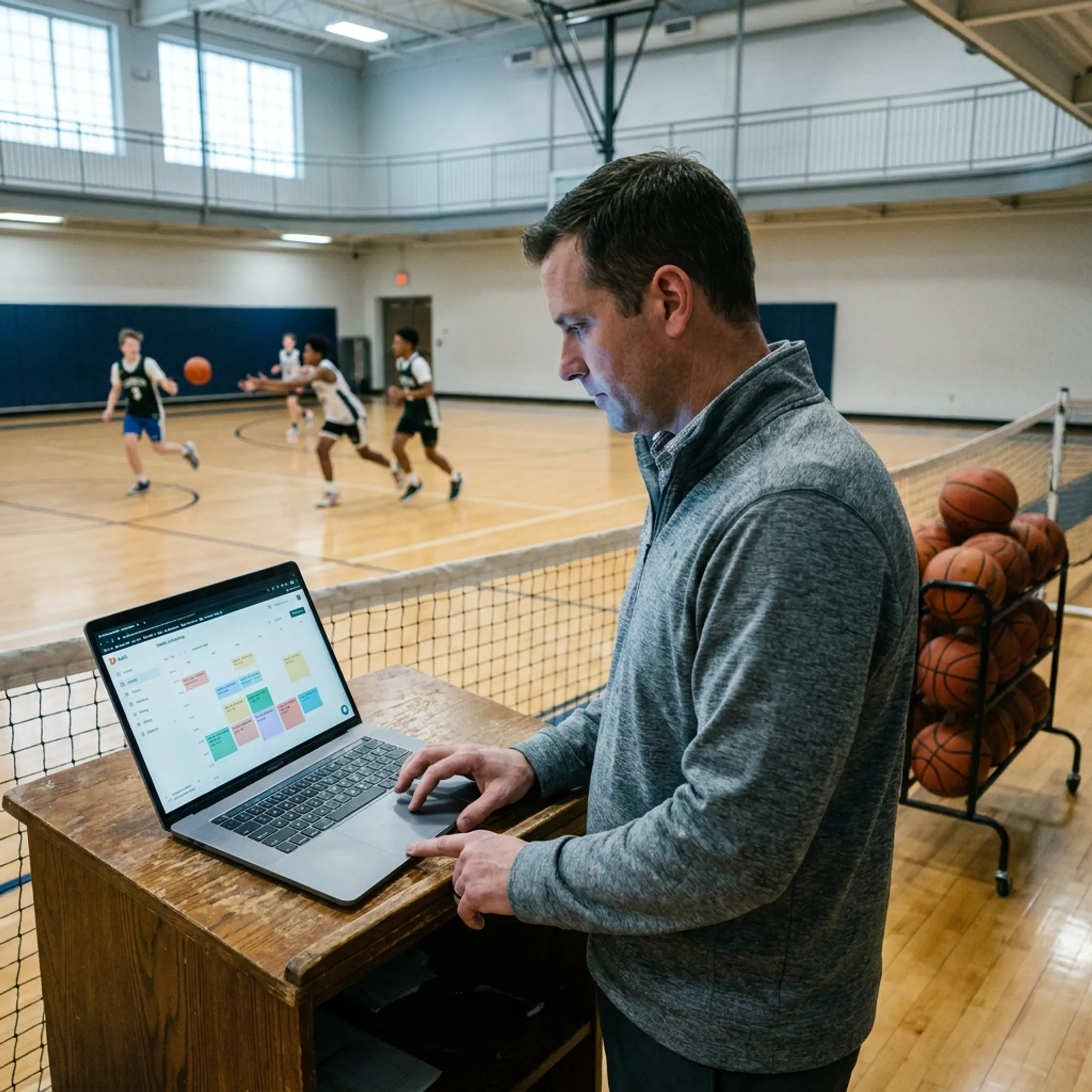 Basketball facility manager reviewing court schedules