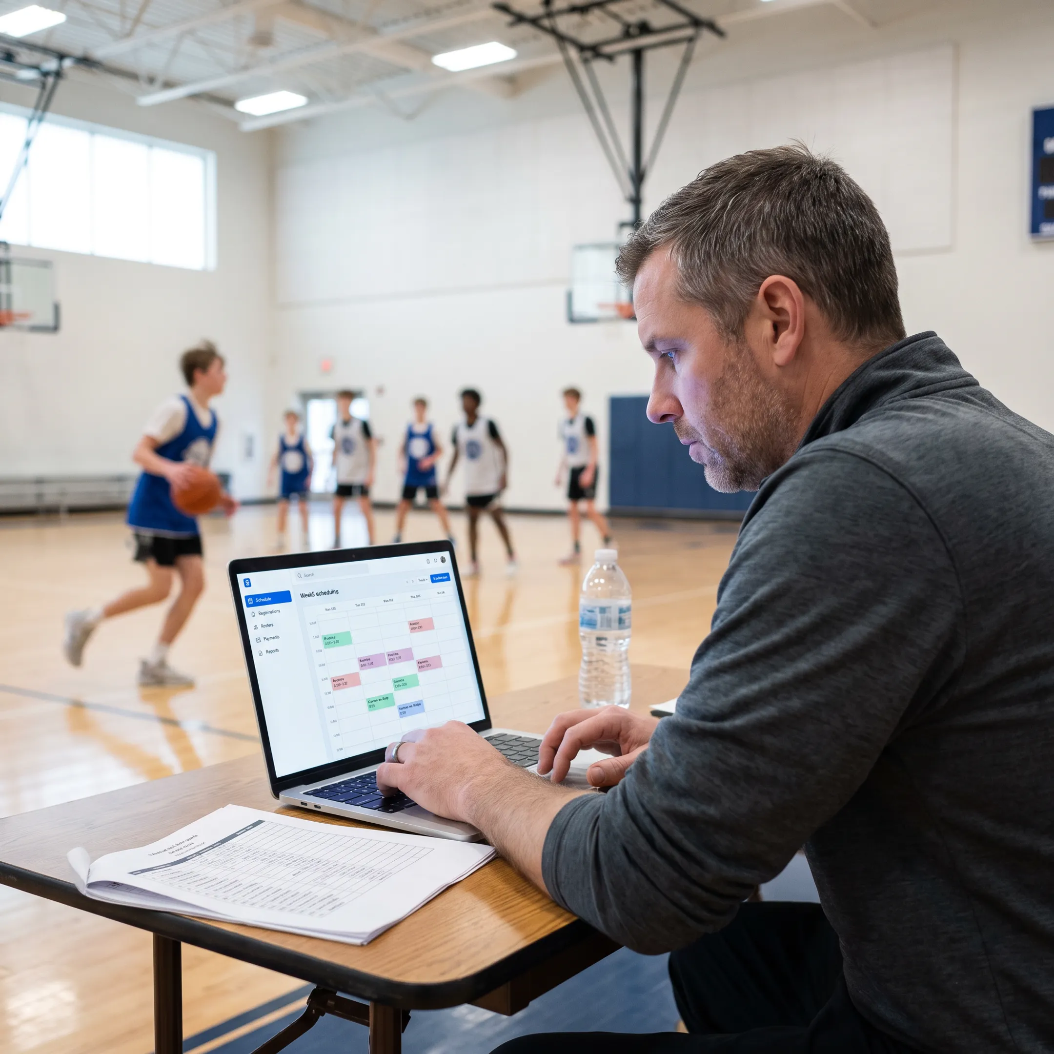 Coach using basketball team management software