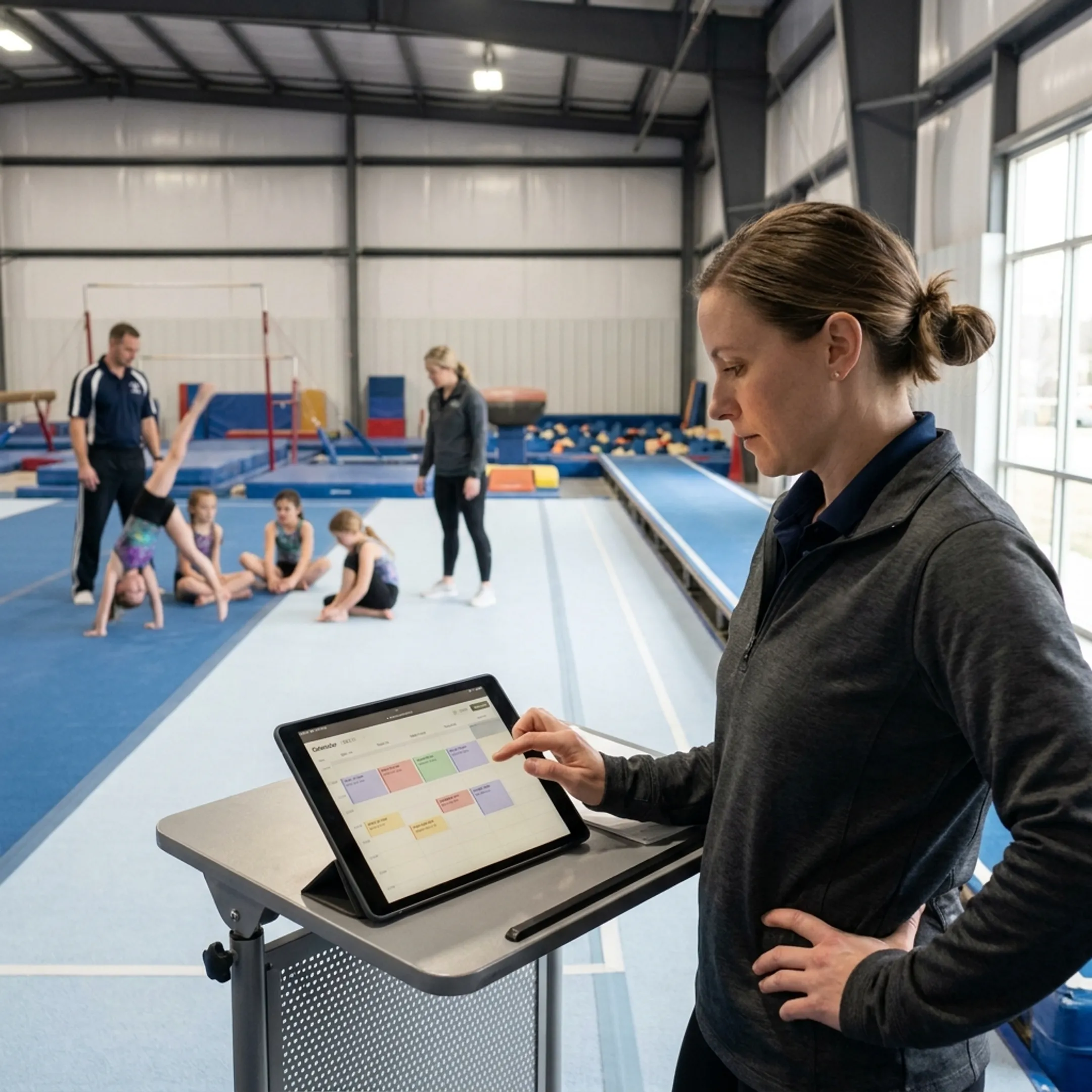 Gym manager reviewing class schedule