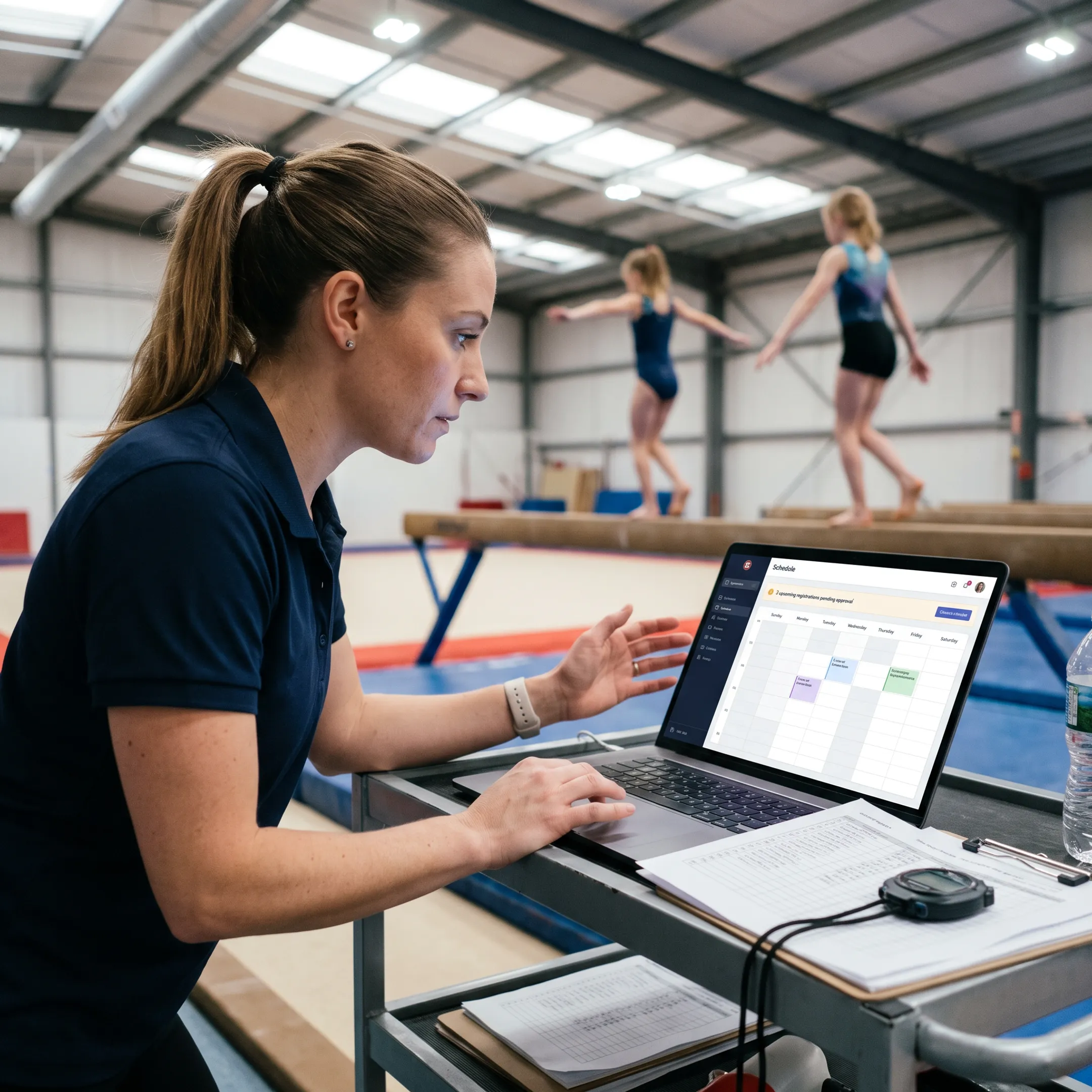 Gymnastics coach managing classes on software