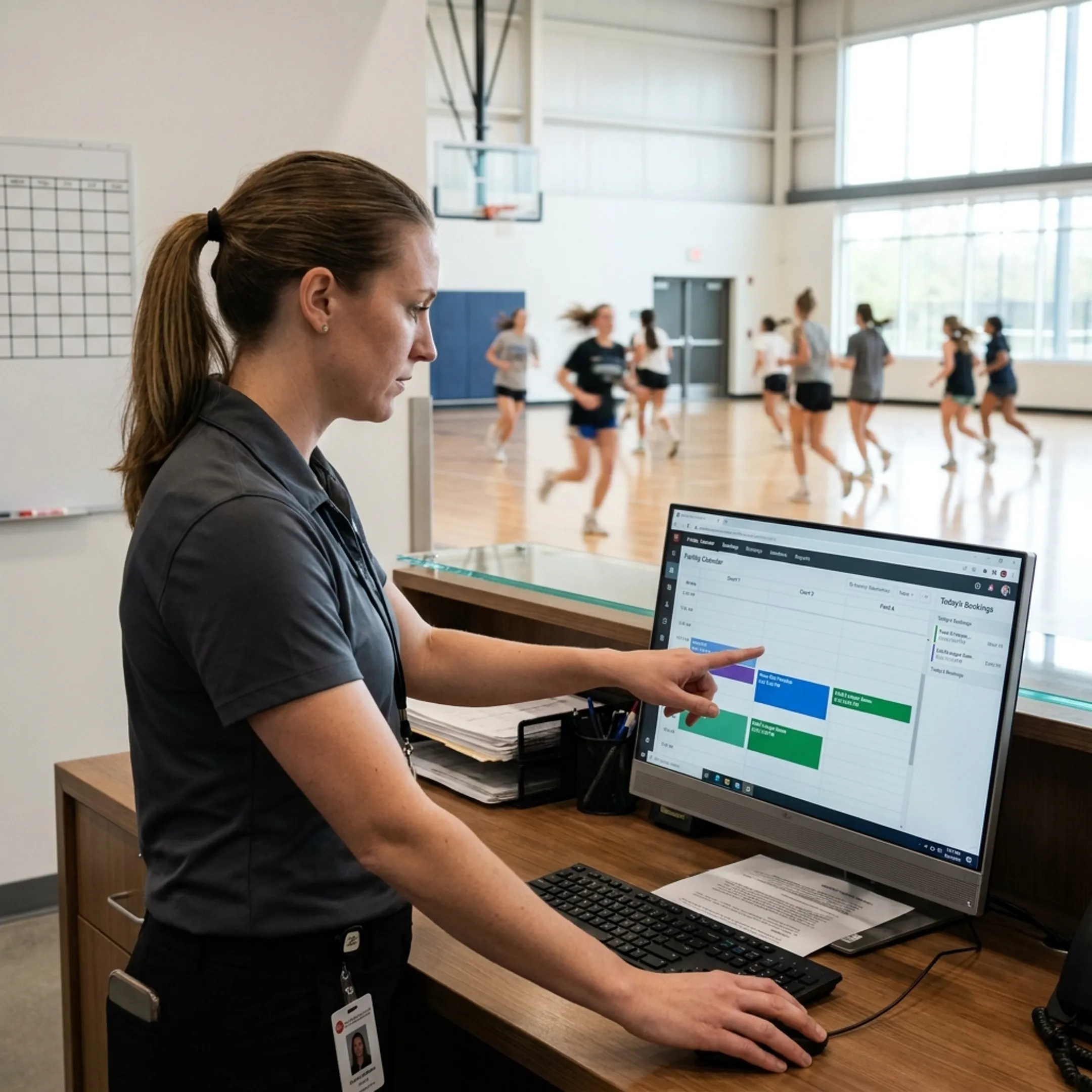 Staff member managing basketball court schedule