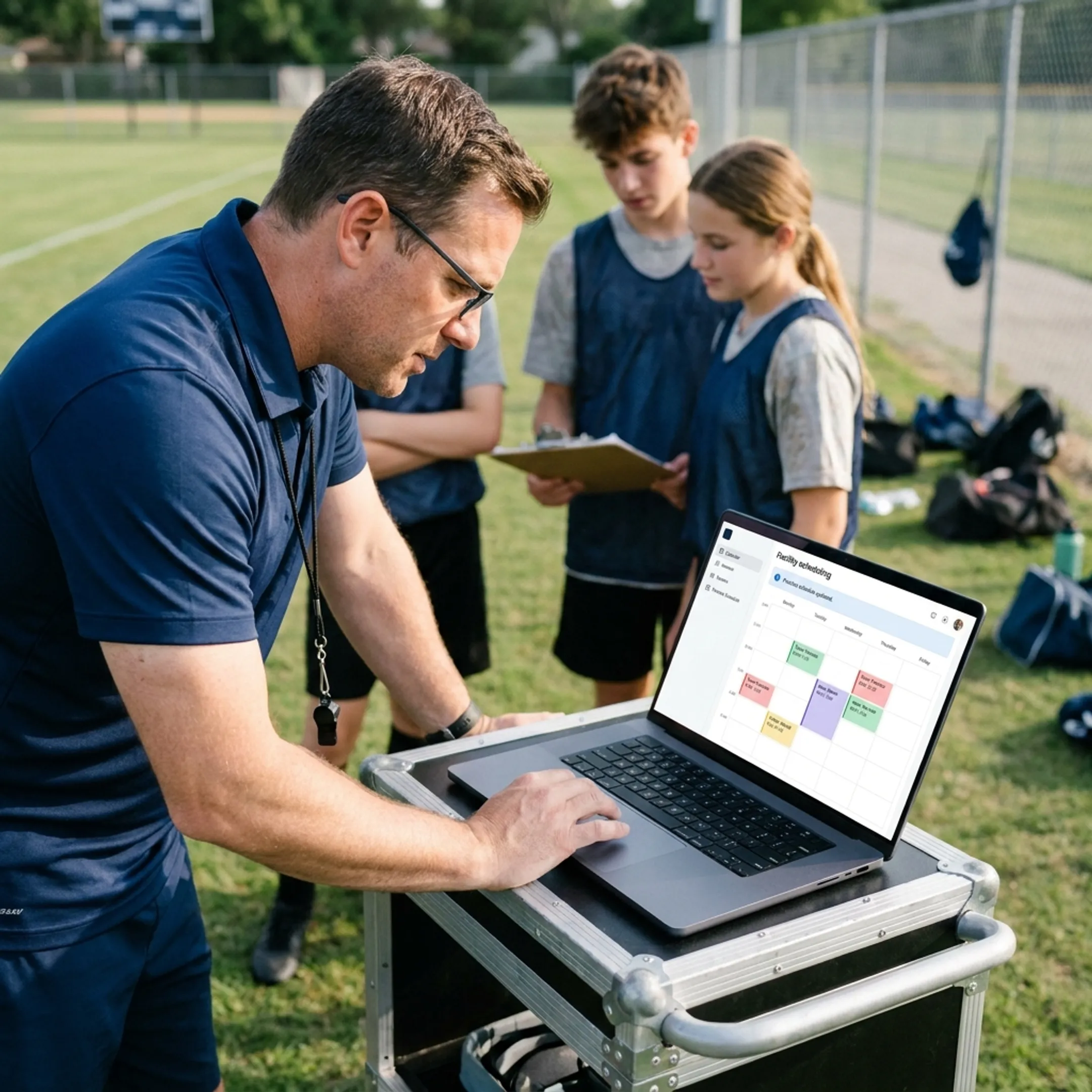 Coach managing a sports team schedule on a laptop