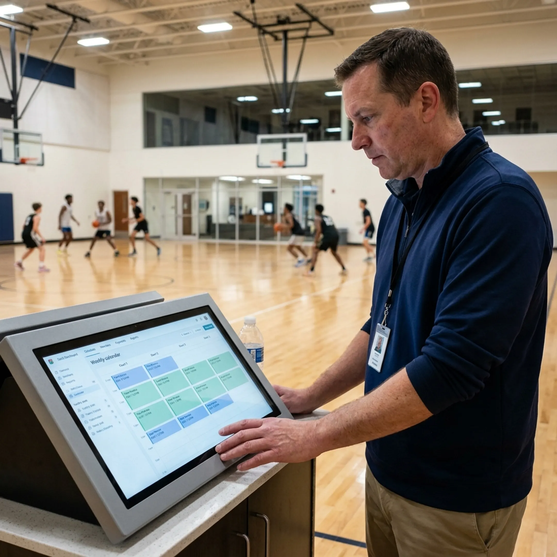 Basketball facility manager reviewing court schedules