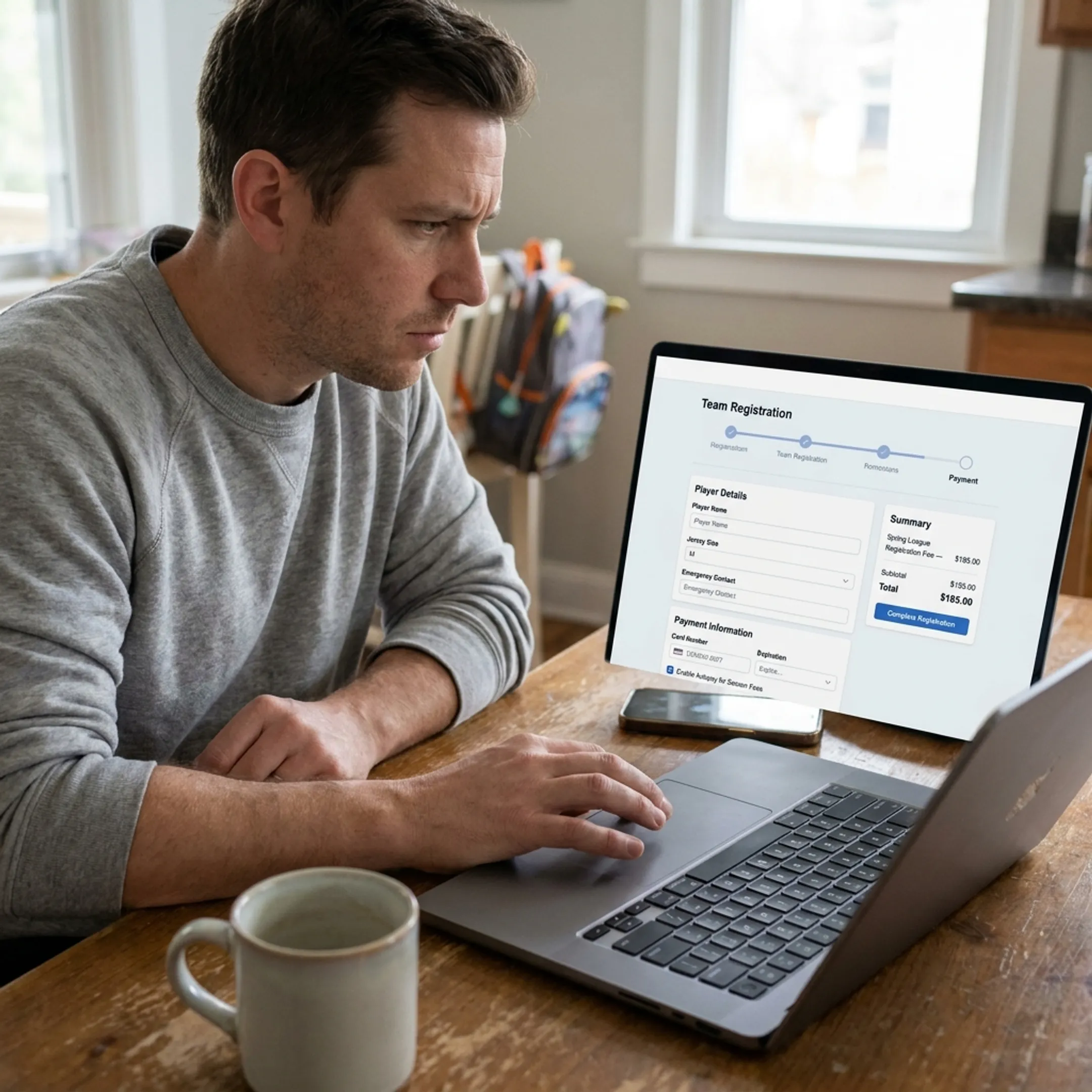 Parent completing an online sports team registration form