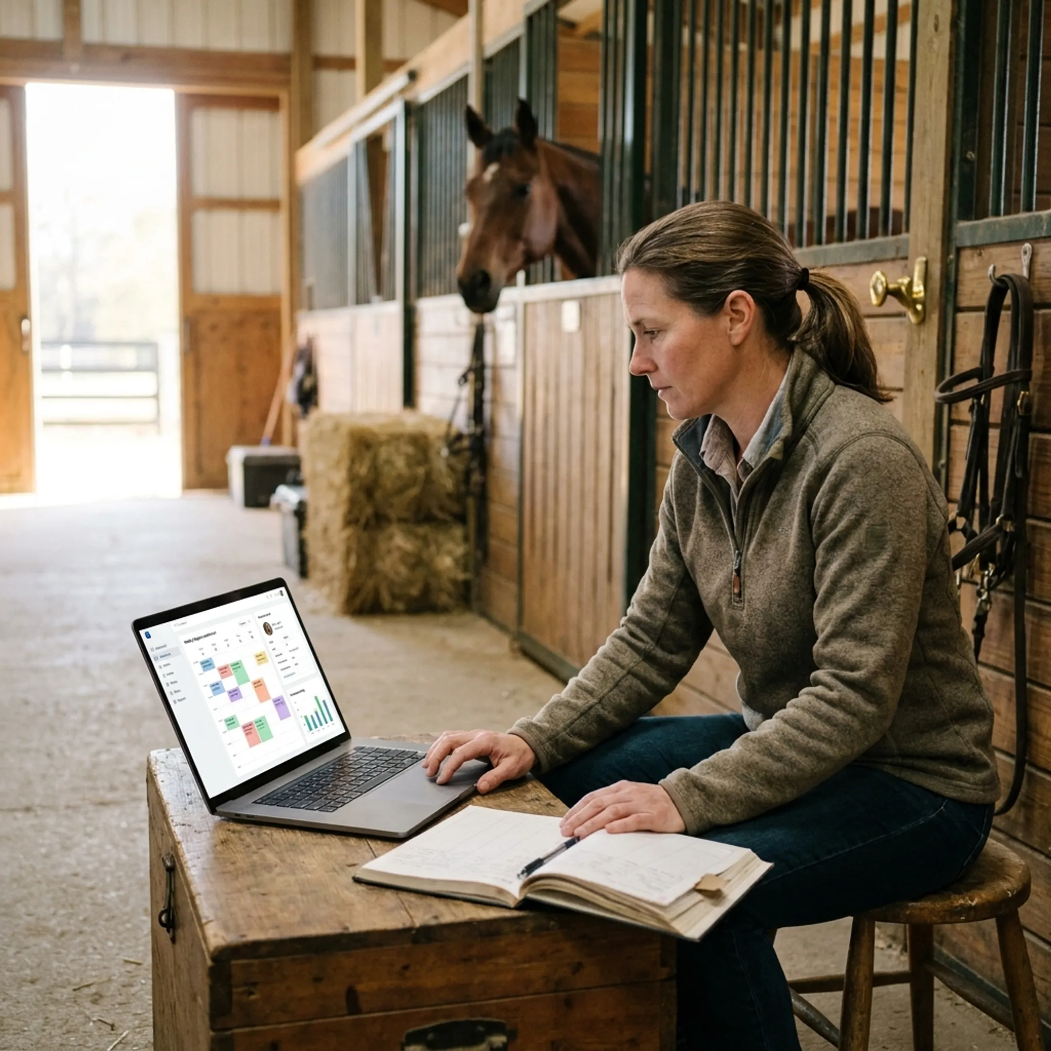 Equestrian manager reviewing a digital lesson and boarding schedule