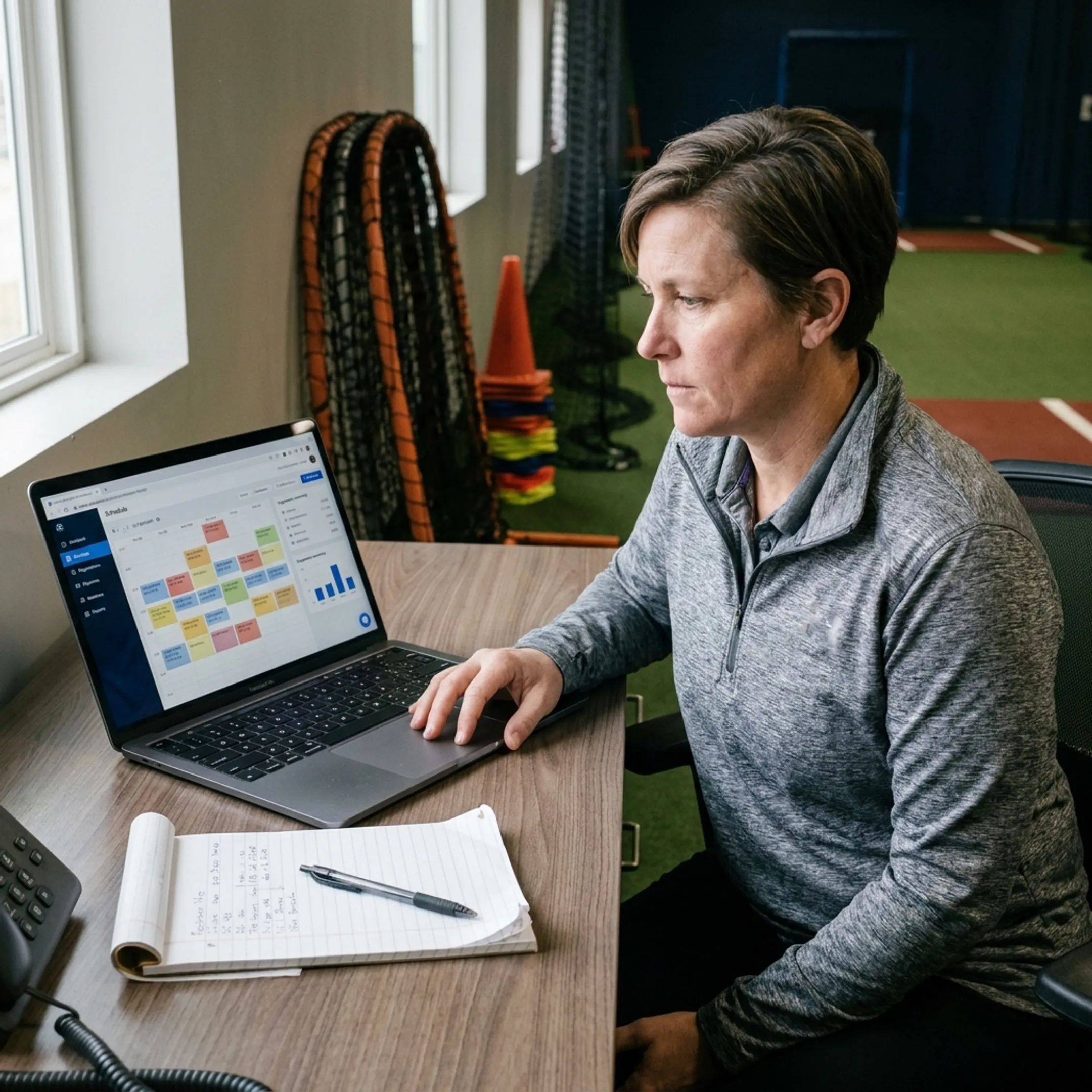 Athletic facility manager reviewing program management software