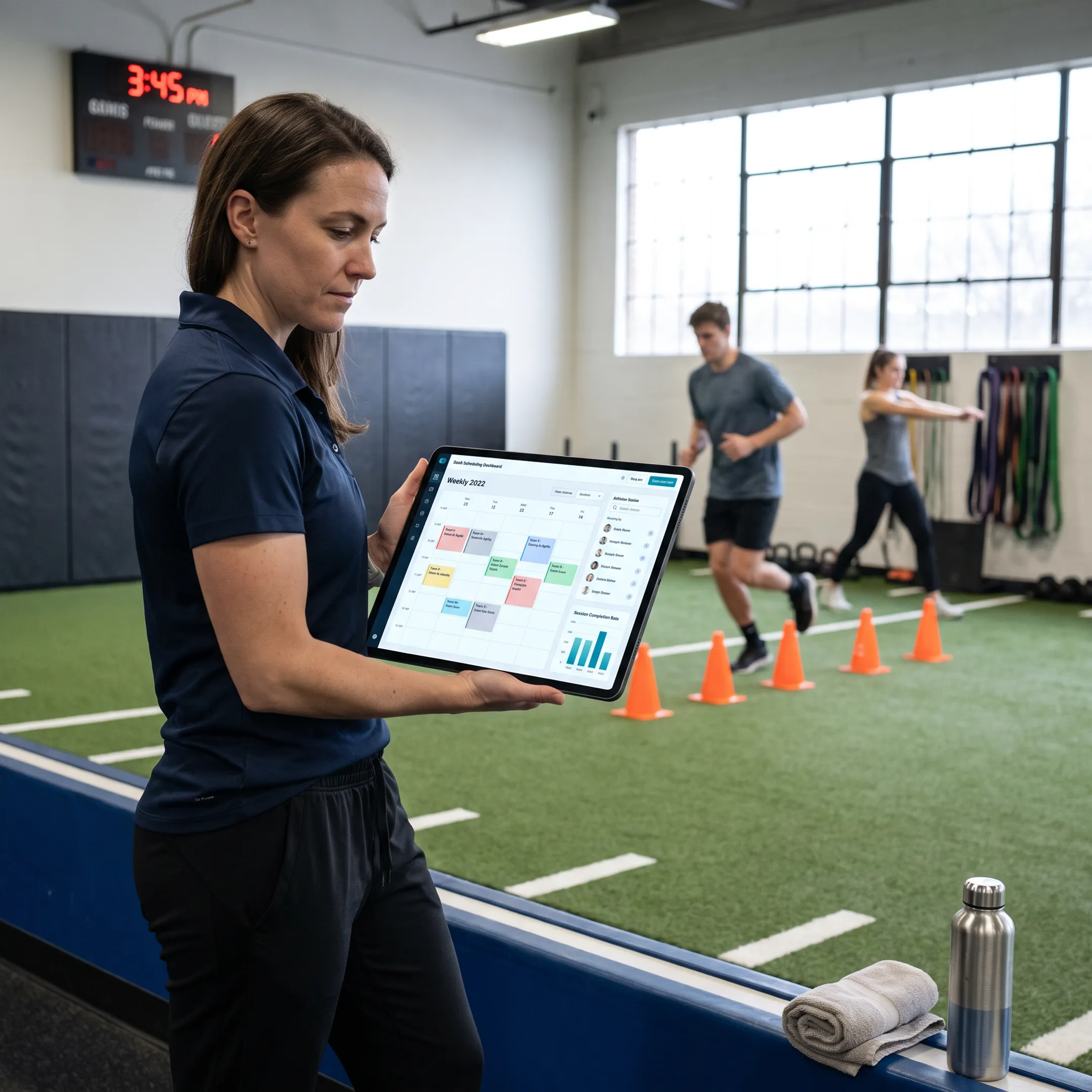 Coach reviewing athlete training schedules on a tablet