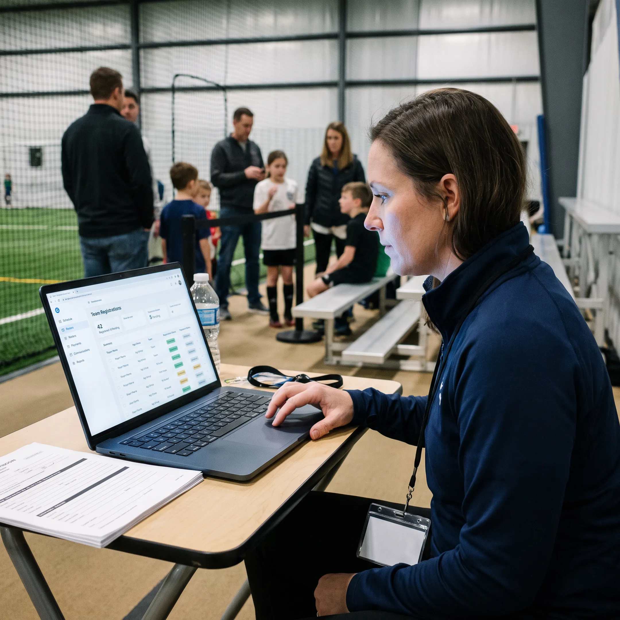 Sports administrator reviewing online player registration