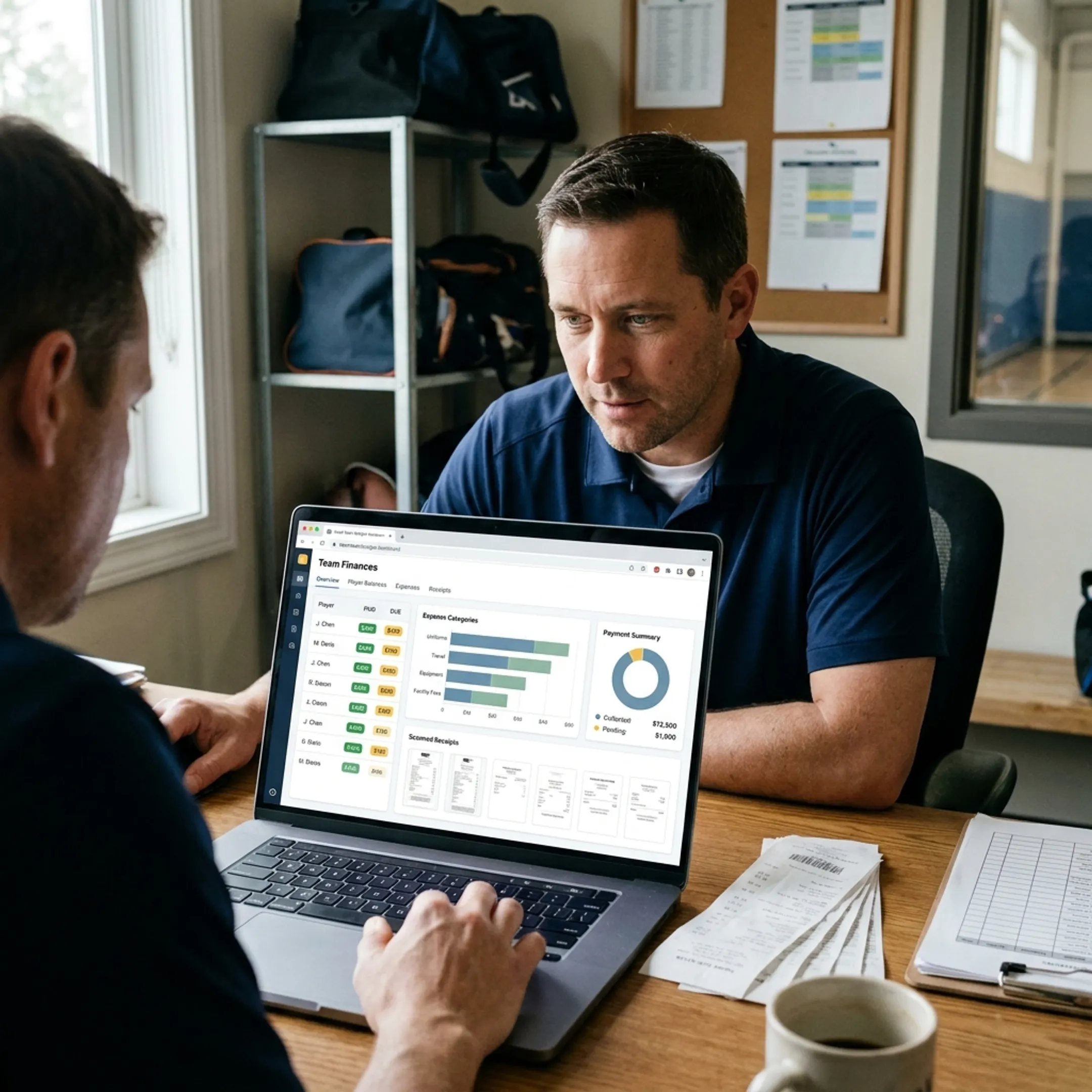 Coach reviewing team budget and player payments
