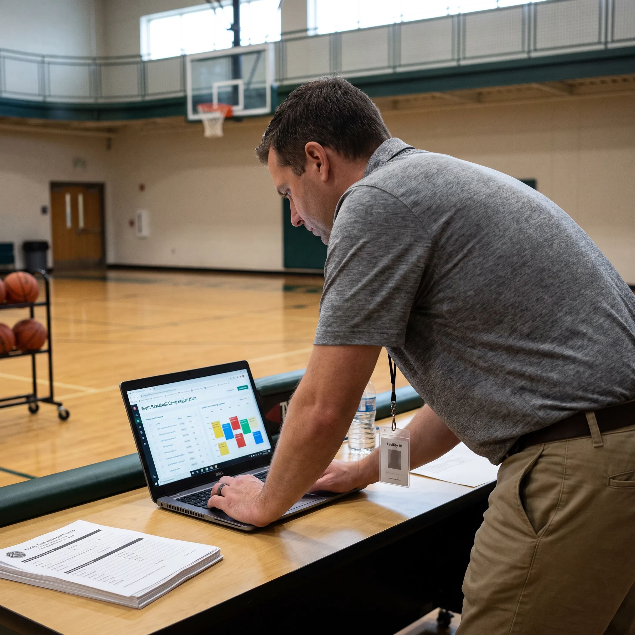 Basketball program administrator reviewing camp registration and scheduling information