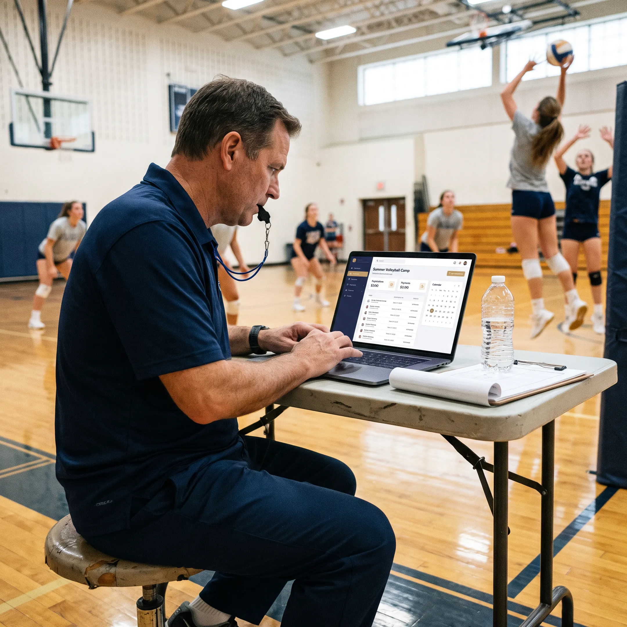 Volleyball coach organizing summer camp registration and player schedules