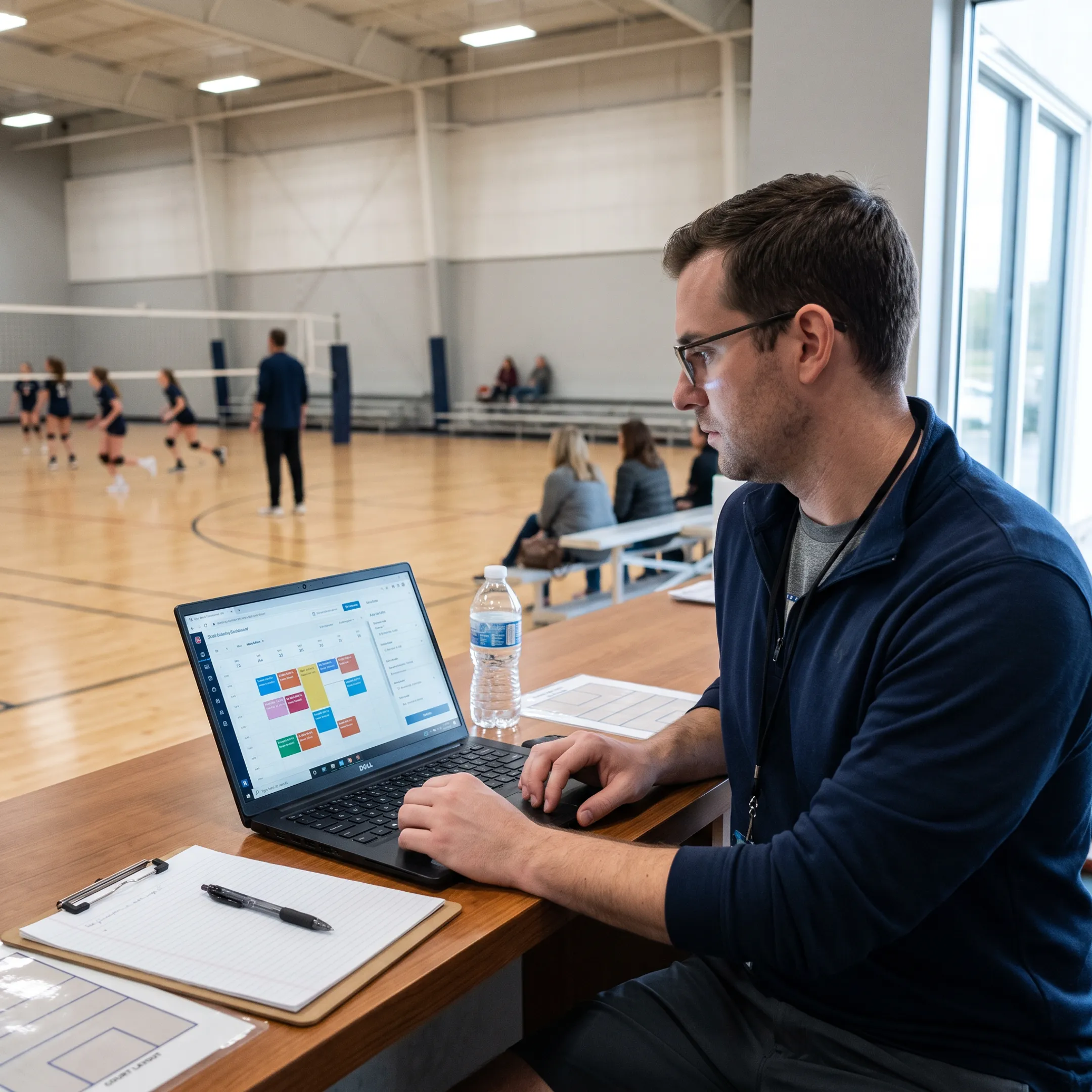 Volleyball facility manager reviewing online court reservations on a laptop