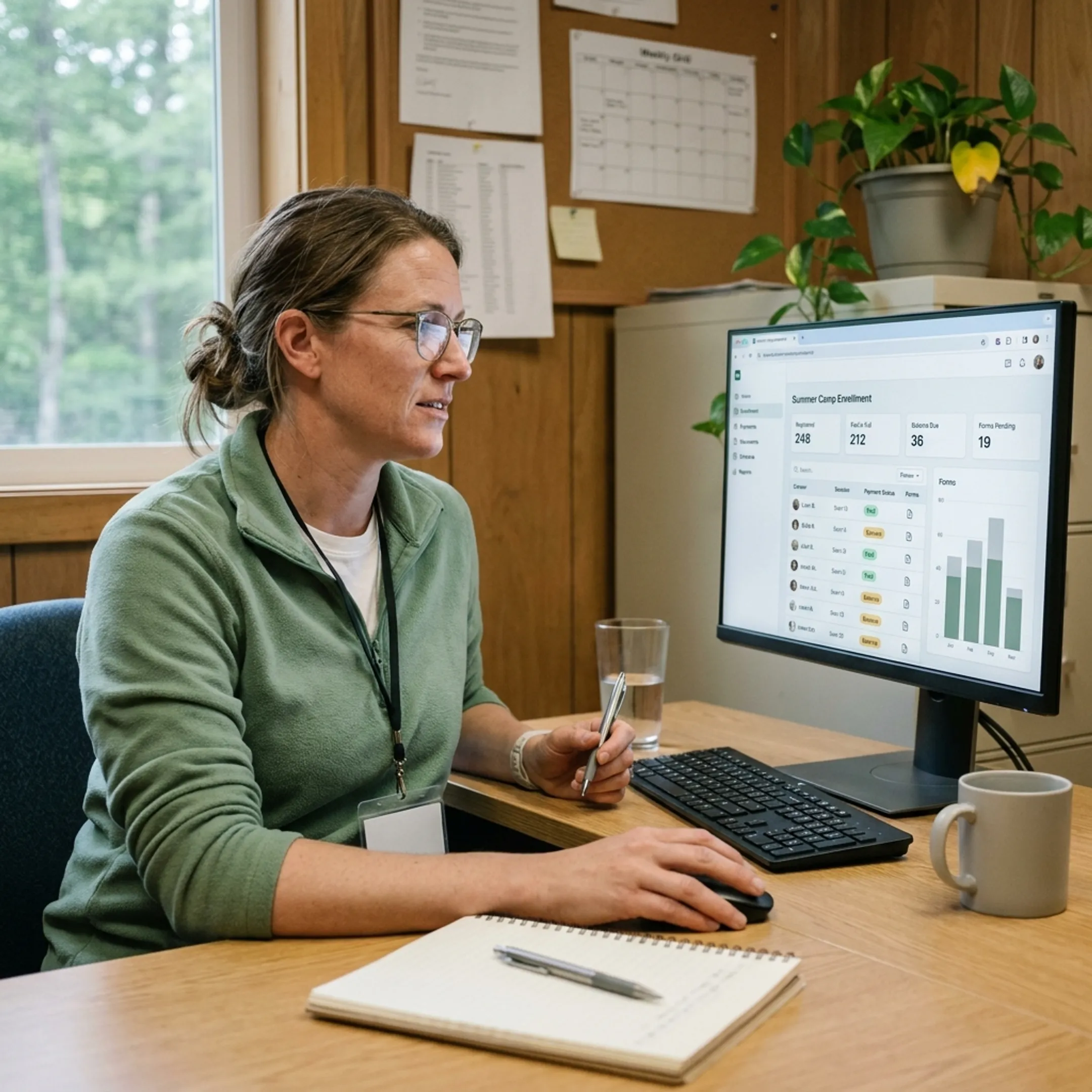Camp manager organizing registrations and schedules in software