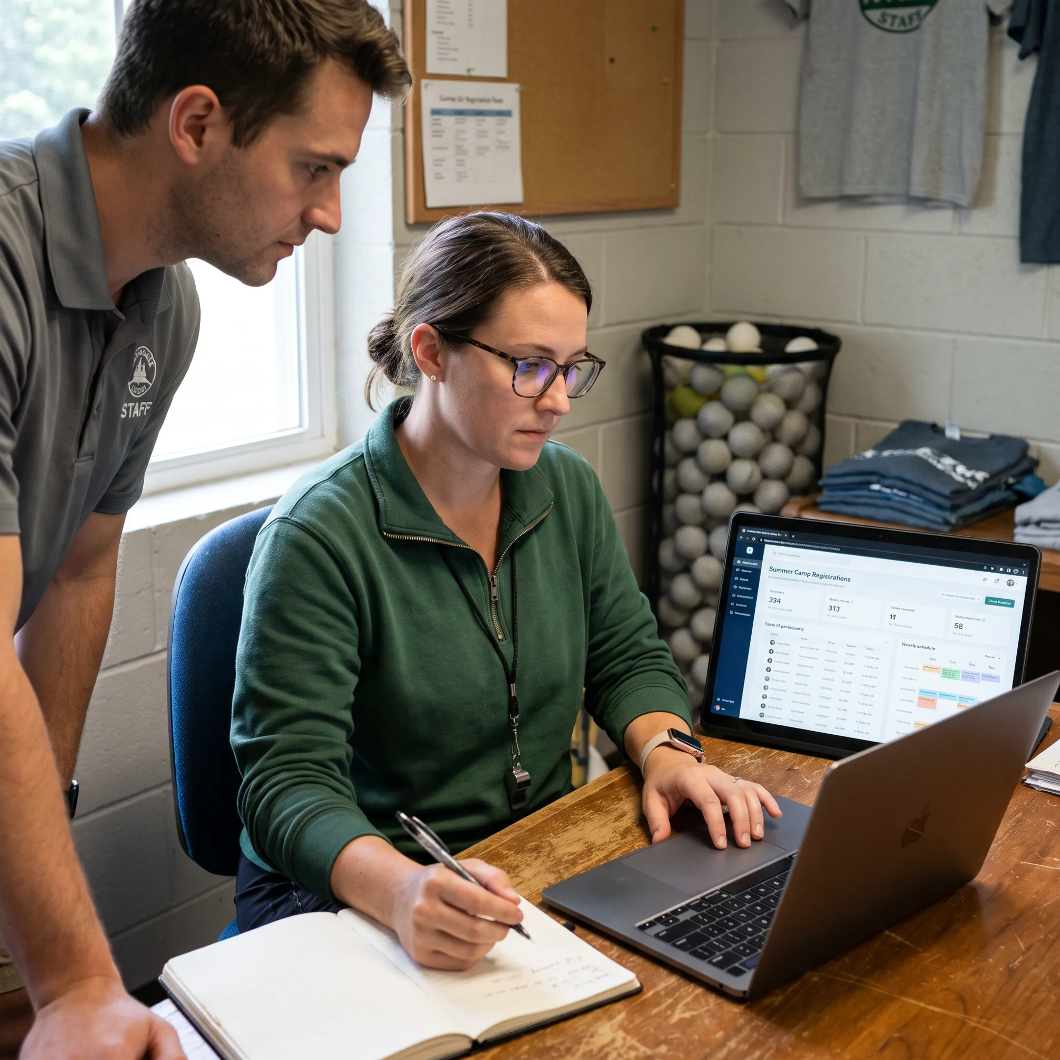 Camp administrator reviewing online registrations and schedules on management software
