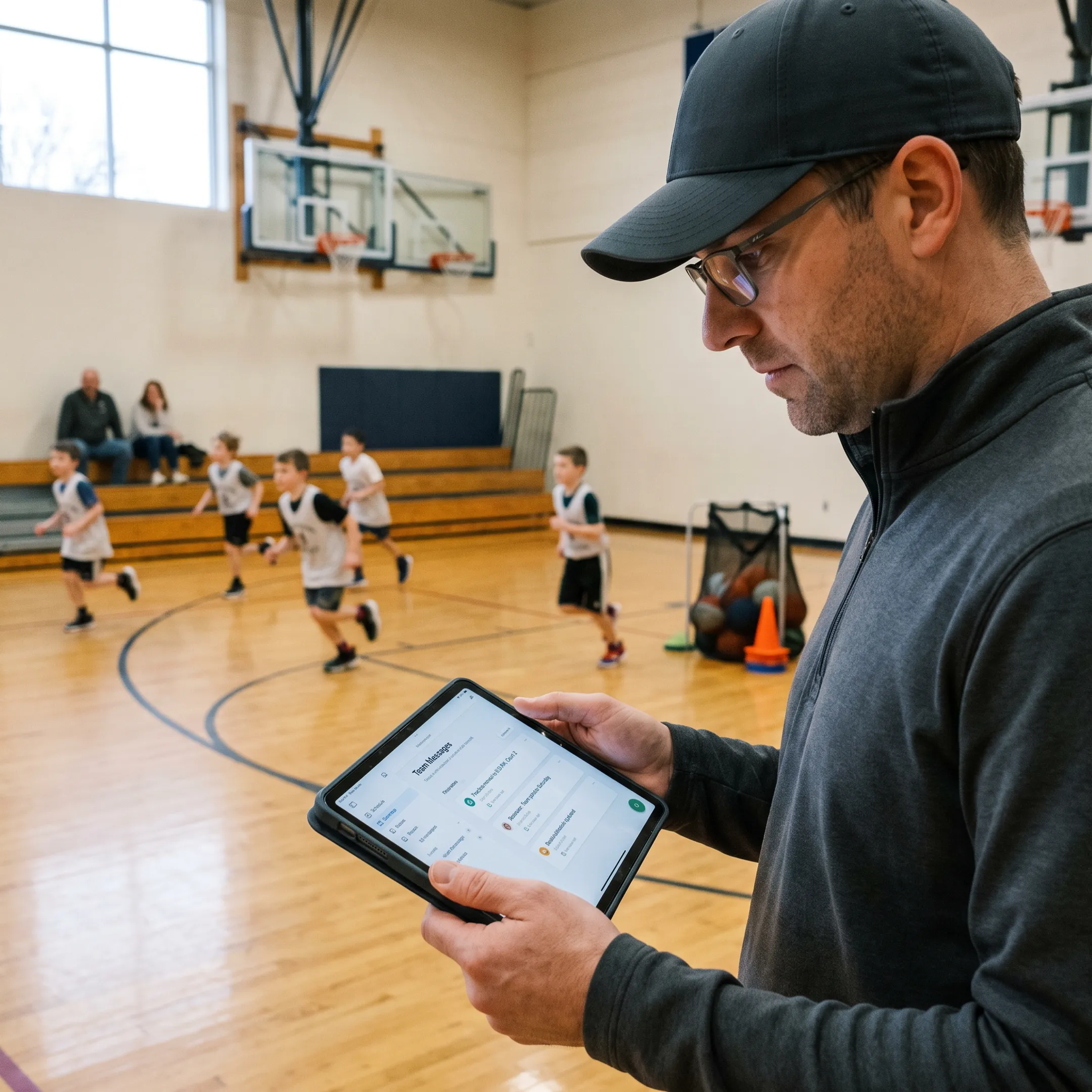 Coach using a sports team communication app with players and parents connected