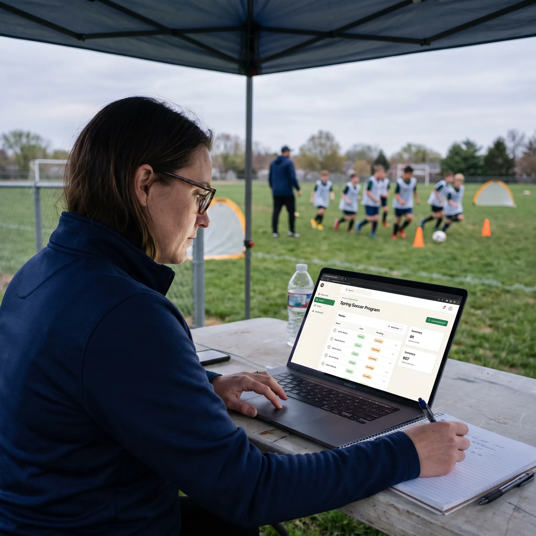 Soccer administrator managing schedules and registrations on a laptop